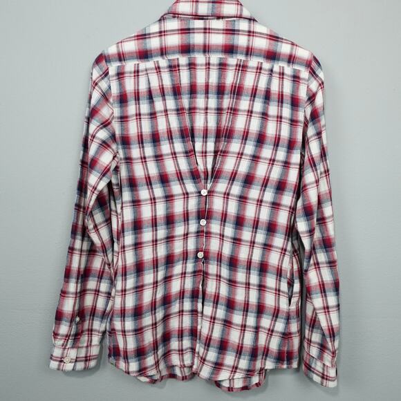Horny Toad Flannel Tunic Top Sz S Red Cream Plaid Gathered Back Shirt Pockets LS - Picture 3 of 14